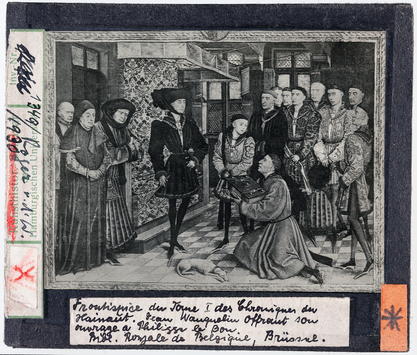 Vorschaubild Rogier van der Weyden: Chroniques du Hainault, Widmungsbild Jean Wauquelin vor Philippe le Bon. Brüssel, Bibliothèque Royale 